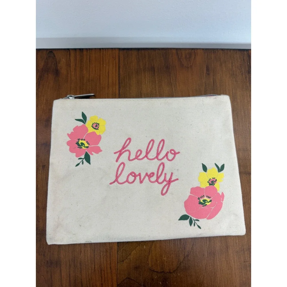 Hello Lovely Canvas Zipper Pouch Floral Makeup Travel Bag Cream Pink